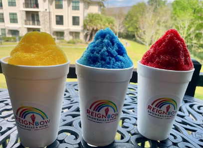 Three colorful Reignbow snoballs in a row